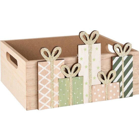 Dekoratief | Bakje m/cadeautjes, groen/naturel, hout, 20x15x12cm | A255384