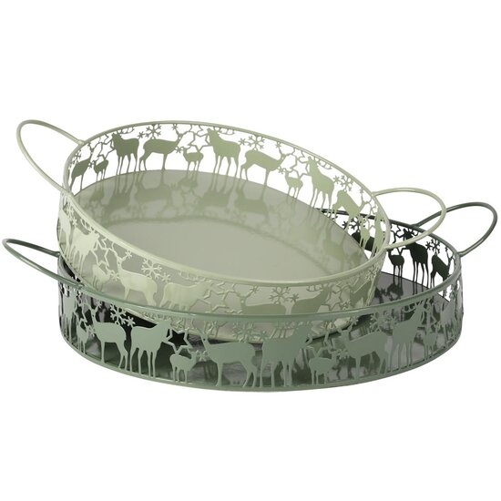 Dekoratief | Set 2 dienbladen m/herten, groen, metaal, 33x25x8cm | A255392