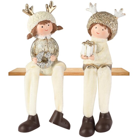 Dekoratief | Winterkindje m/hangbenen, wit/goud, resina, 6x6x10cm, set van 2 stuks | A255420