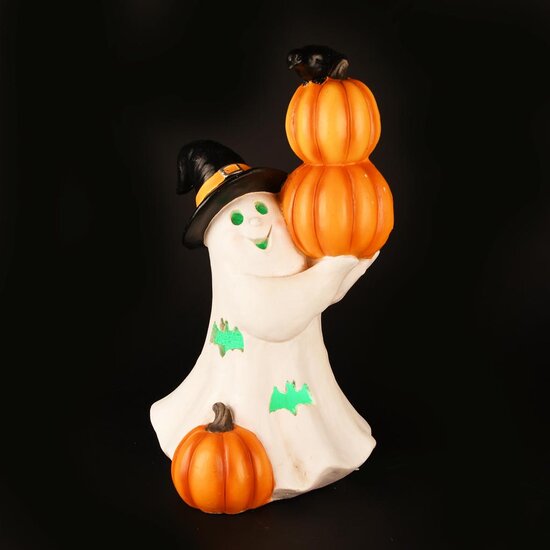 Dekoratief | Spookje m/pompoenen, wit/oranje, resina, LED, 23x22x41cm | A255432