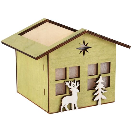 Dekoratief | Bakje huisje m/hert/boom, groen/wit, hout, 16x15x13cm | A255443
