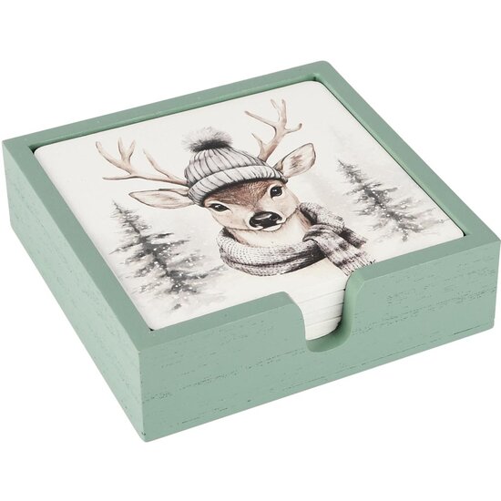 Dekoratief | Set 4 coasters 'Winter Deer', hout, 11x11x4cm | A255475