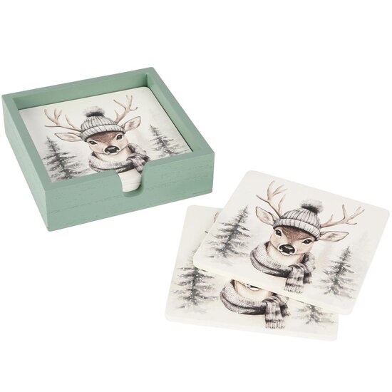 Dekoratief | Set 4 coasters 'Winter Deer', hout, 11x11x4cm | A255475