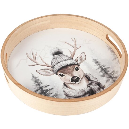Dekoratief | Dienblad rond 'Winter Deer', naturel/wit, hout, 30x30x5cm | A255484