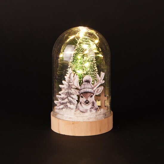 Dekoratief | Globe 'Winter Deer', naturel, glas/hout, LED, 9x9x14cm | A255486