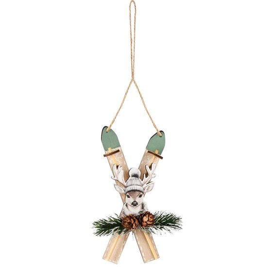 Dekoratief | Hanger ski&#039;s &#039;Winter Deer&#039;, hout, 14x7x4cm | A255487
