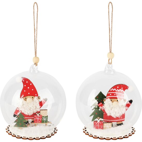 Dekoratief | Hanger bal m/santa, groen/rood, glas/hout, 10x10x10cm, set van 2 stuks | A255500