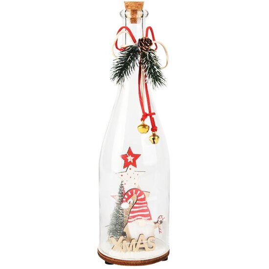 Dekoratief | Deco fles m/gnoompje, groen/rood, glas/hout, LED, 9x9x30cm | A255505