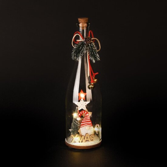 Dekoratief | Deco fles m/gnoompje, groen/rood, glas/hout, LED, 9x9x30cm | A255505