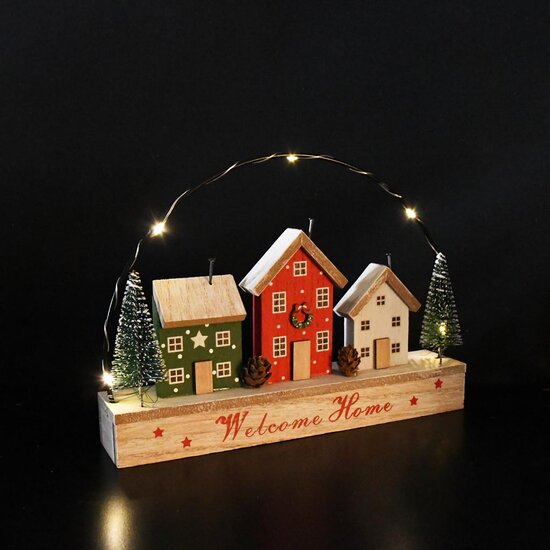 Dekoratief | Deco huizen in boog 'Welcome Home', hout, LED, 24x5x18cm | A255506