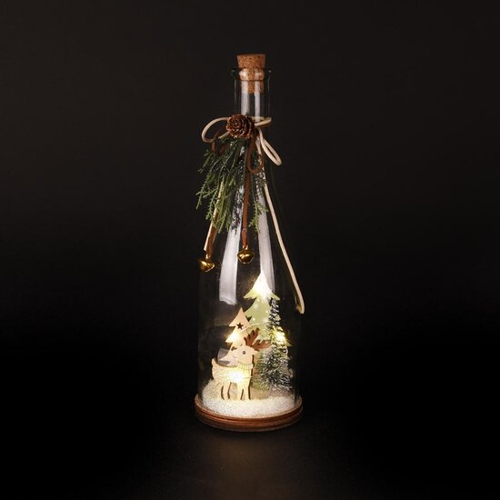 Dekoratief | Deco fles m/rendier/boompjes, glas/hout, LED, 9x9x30cm | A255510