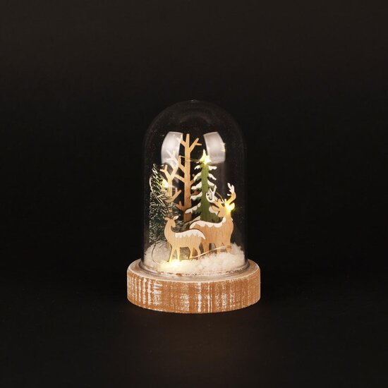 Dekoratief | Globe m/rendier, groen/naturel, glas/hout, LED, 9x9x13cm | A255511