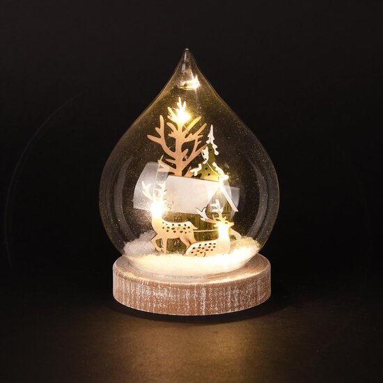 Dekoratief | Globe m/rendier, groen/naturel, glas/hout, LED, 12x12x16cm | A255512