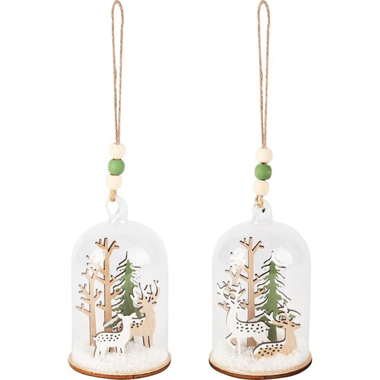 Dekoratief | Hanger globe m/rendier, glas/hout, 7x7x23cm, set van 2 stuks | A255517
