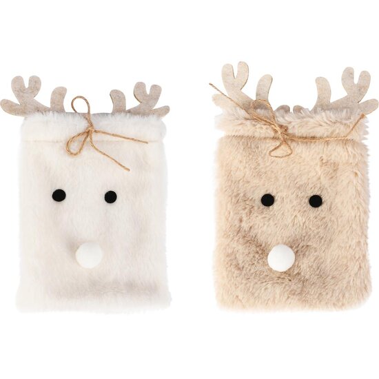 Dekoratief | Zakje 'Reindeer', beige/wit, stof, 15x21cm, set van 2 stuks | A255521