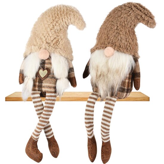 Dekoratief | Pop gnoom m/hangbeentjes, bruin/beige, stof, 7x7x35cm, set van 2 stuks | A255522