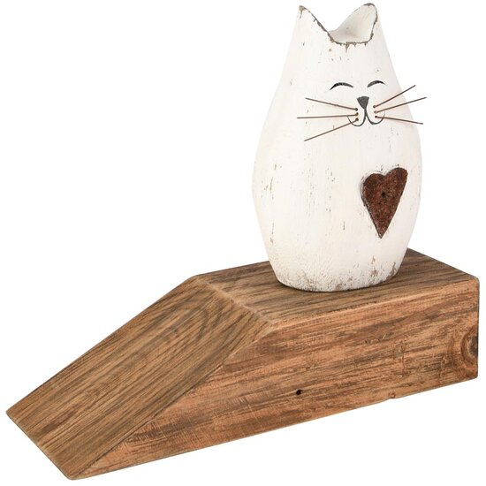 Dekoratief | Deurstop poes m/hartje, wit/naturel, hout, 21x8x18cm | A255554