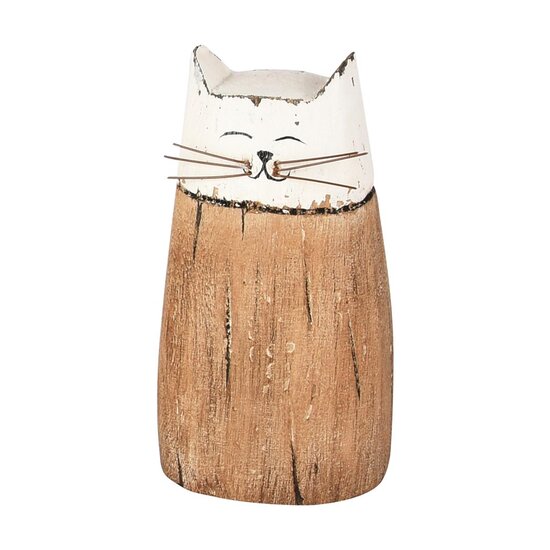 Dekoratief | Deco poes, wit/naturel, hout, 8x6x13cm | A255563
