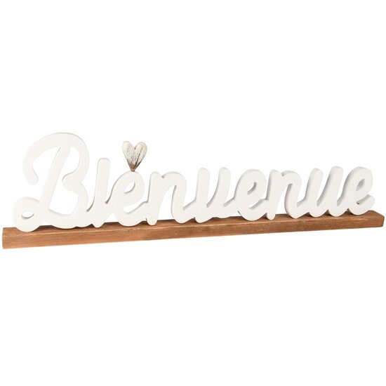 Dekoratief | Deco 'Bienvenue' m/hartje, wit/naturel, hout, 58x4x15cm | A255565