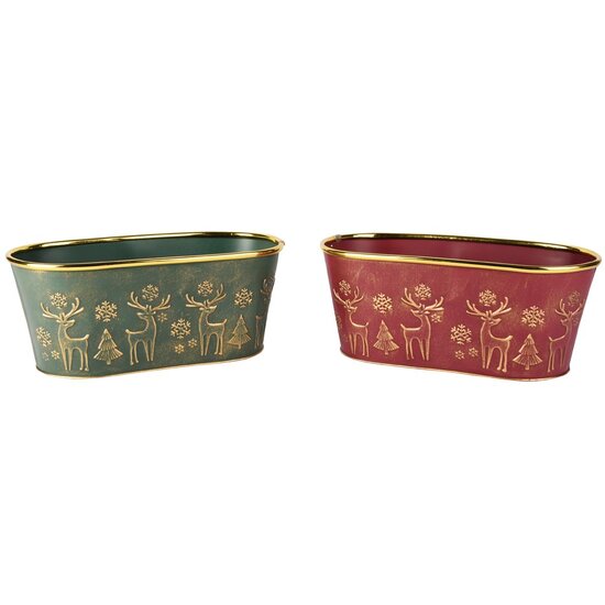 Dekoratief | Bloempot ovaal &#039;Deer&#039;, rood/groen, metaal, 26x13x11cm, set van 2 stuks | A255571