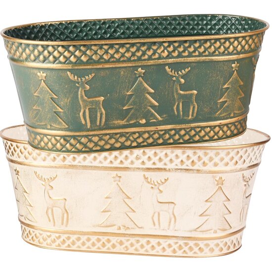Dekoratief | Bloempot ovaal 'Deer & Tree', groen/wit, metaal, 26x14x11cm, set van 2 stuks | A255576
