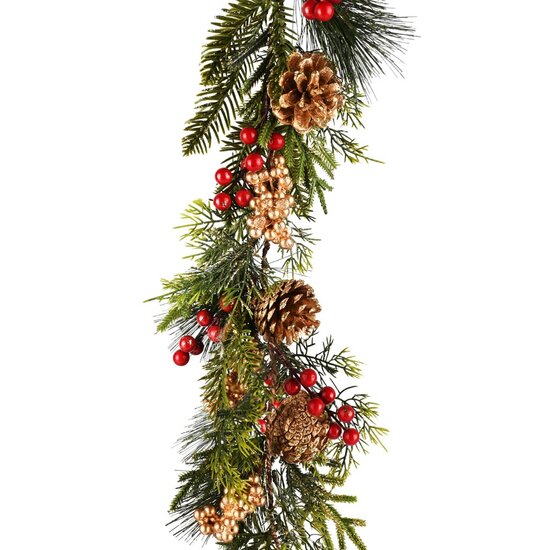 Dekoratief | Deco slinger m/bessen/dennenappels, groen/rood/goud, 115cm | A255596