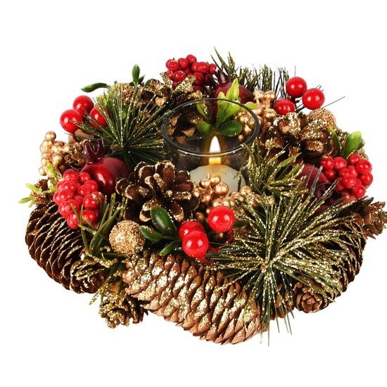 Dekoratief | Tafelstukje m/bessen/dennenappels, goud/rood/groen, 20x20x7cm | A255597