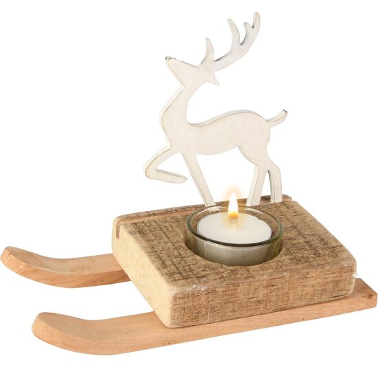 Dekoratief | Theelichthouder slee m/hert, wit/naturel, hout, 18x8x13cm | A255607