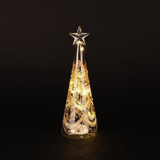 Dekoratief | Kegel vormboompje m/ster, transparant/goud, glas, LED, 8x8x24cm | A255650
