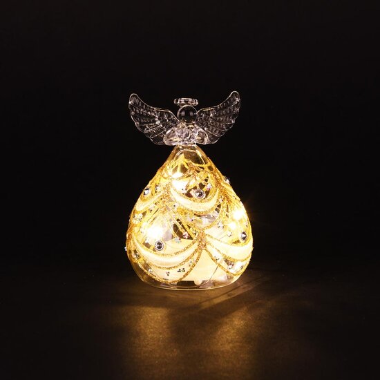 Dekoratief | Engeltje staand m/parels, transparant/goud, glas, LED, 7x7x11cm | A255652