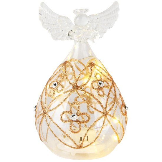 Dekoratief | Engel staand m/parels/bloemen, transparant/goud, glas, LED, 8x8x13cm | A255653