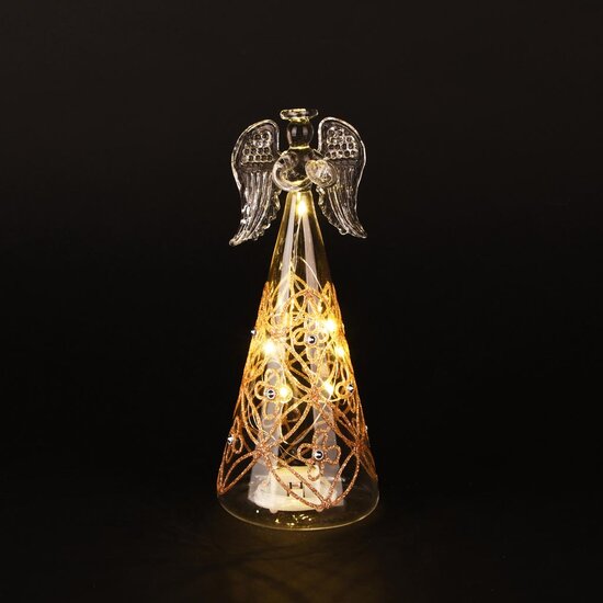 Dekoratief | Engeltje staand m/parels, transparant/goud, glas, LED, 8x8x20cm | A255654