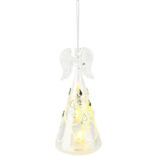 Dekoratief | Hanger engeltje m/parels, transparant/goud, glas, LED, 7x7x14cm | A255659