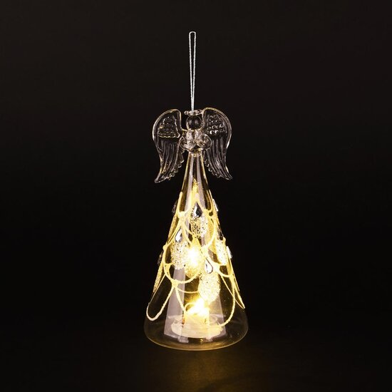 Dekoratief | Hanger engeltje m/parels, transparant/goud, glas, LED, 7x7x14cm | A255659