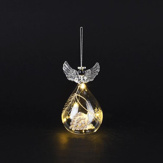 Dekoratief | Hanger engeltje m/takjes, transparant/goud, glas, LED, 8x8x13cm | A255660