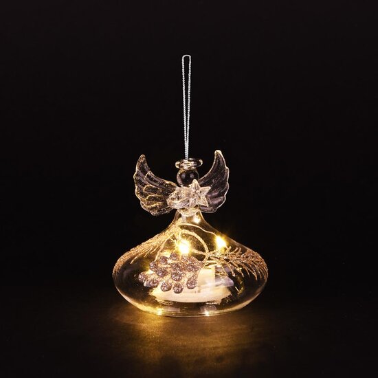 Dekoratief | Hanger engeltje m/ster, transparant/goud, glas, LED, 8x8x8cm | A255661
