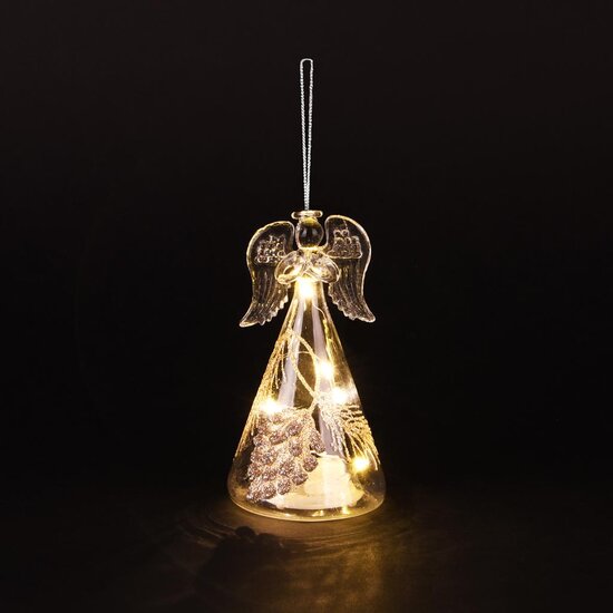 Dekoratief | Hanger engeltje m/takjes, transparant/goud, glas, LED, 7x7x11cm | A255662