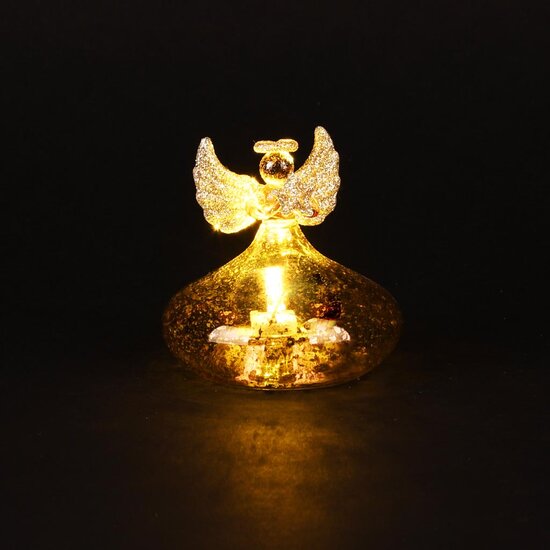 Dekoratief | Engeltje staand m/ster, transparant/goud, glas, LED, 8x8x8cm | A255664