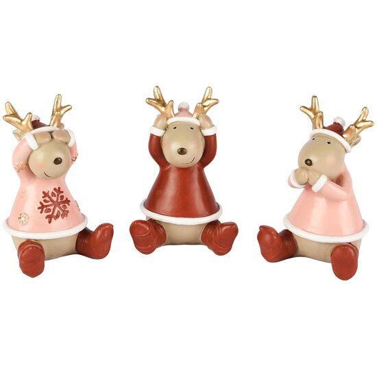 Dekoratief | Rendier horen/zien/zwijgen, rood/roze, resina, 6x6x9cm, set van 3 stuks | A255701