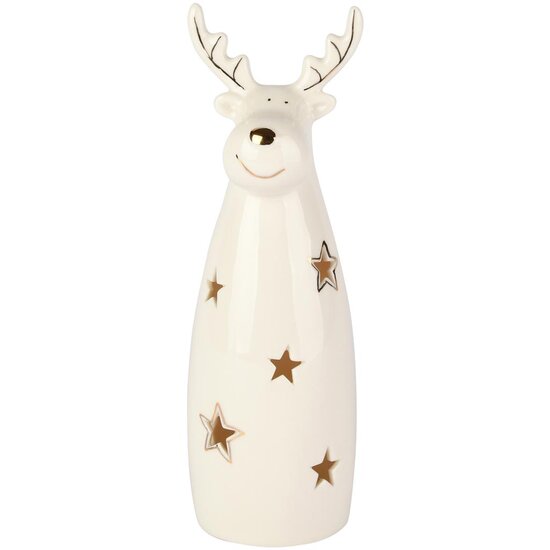 Dekoratief | Rendier staand m/sterren, wit/goud, porselein, LED, 6x6x18cm | A255743