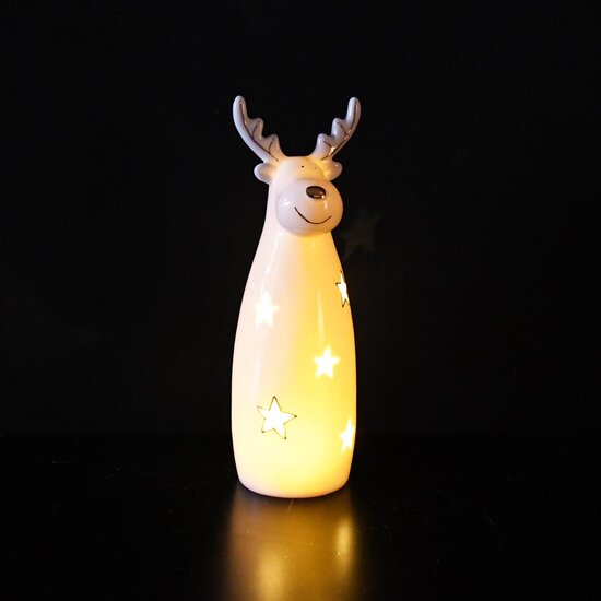 Dekoratief | Rendier staand m/sterren, wit/goud, porselein, LED, 6x6x18cm | A255743