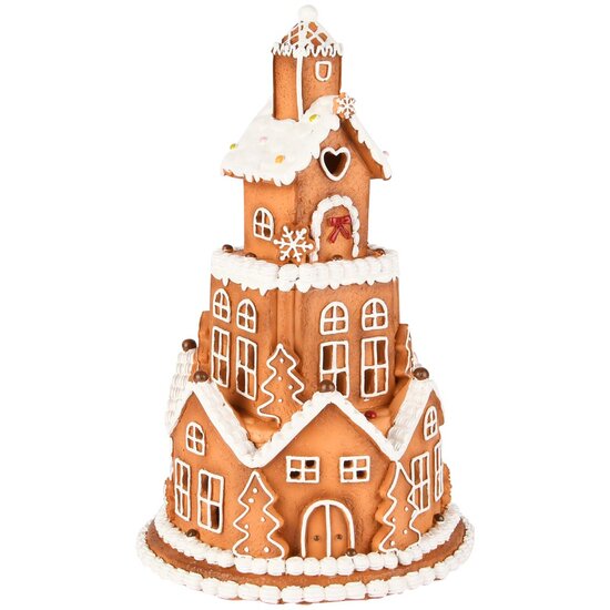 Dekoratief | Toren peperkoekenhuisjes, bruin/wit, resina, LED, 15x15x23cm | A255751