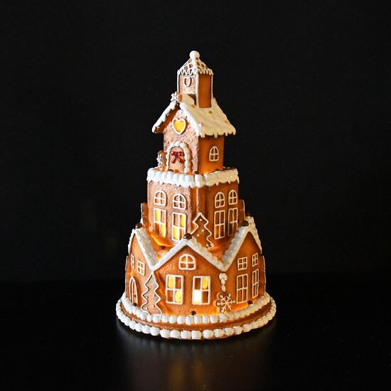 Dekoratief | Toren peperkoekenhuisjes, bruin/wit, resina, LED, 15x15x23cm | A255751