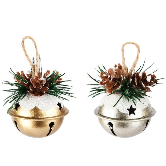 Dekoratief | Hanger belletje m/takje, zilver/goud/groen, metaal, 4x4x5cm, set van 2 stuks | A255761
