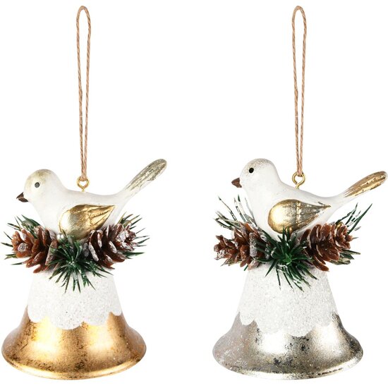 Dekoratief | Hanger bel m/vogeltje, wit/goud/zilver, metaal, 6x6x7cm, set van 2 stuks | A255763