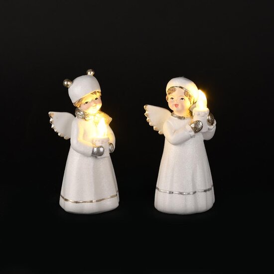 Dekoratief | Engeltje staand m/kaarsje, wit/goud, resina, LED, 8x6x15cm, set van 2 stuks | A255823