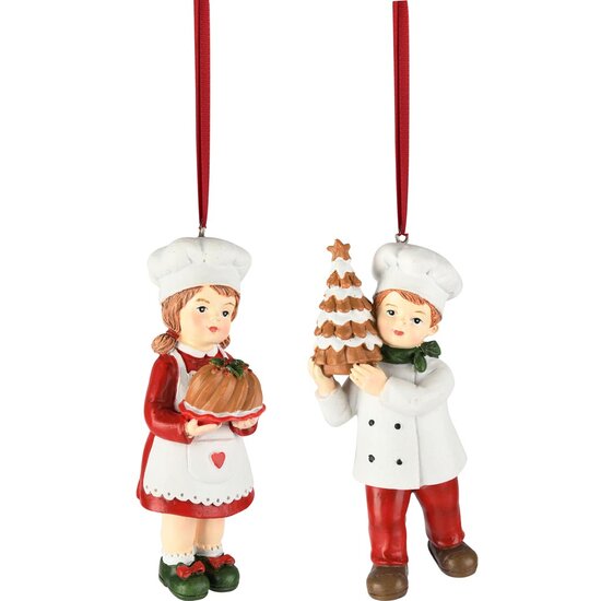 Dekoratief | Hanger bakkerskindje m/taart, rood/wit, resina, 5x4x12cm, set van 2 stuks | A255825