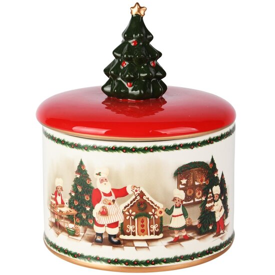 Dekoratief | Bewaarpot 'Santa's Bakery', rood/wit/groen, dolomiet, 16x16x19cm | A255827