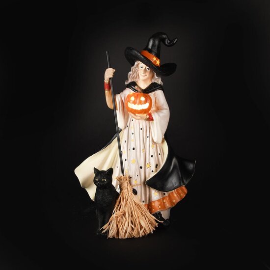 Dekoratief | Heks staand m/zwarte kat, zwart/oranje, resina, LED, 20x15x32cm | A255836