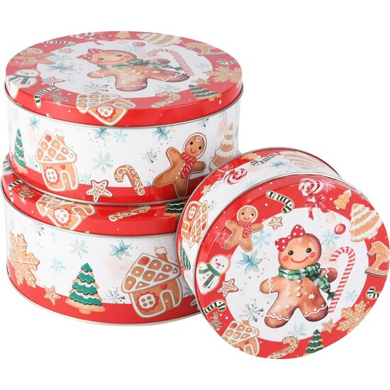 Dekoratief | Set 3 bewaardozen 'Cookies', rood/wit, metaal, 20x20x9cm | A255902
